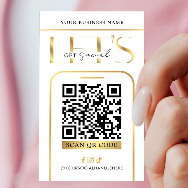 Social Media QR Code Glam Gold Logo QR Code Visitenkarte (Modern white and gold QR code business cards - great to promote your social media or website)