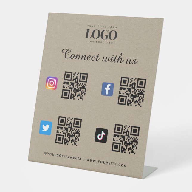 Social Media QR-Logo-Twitter Facebook Kraft Sockelschild (Vorderseite)