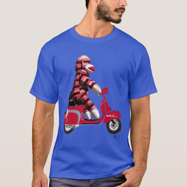Sock Monkey auf Moped T-Shirt (Vorderseite)