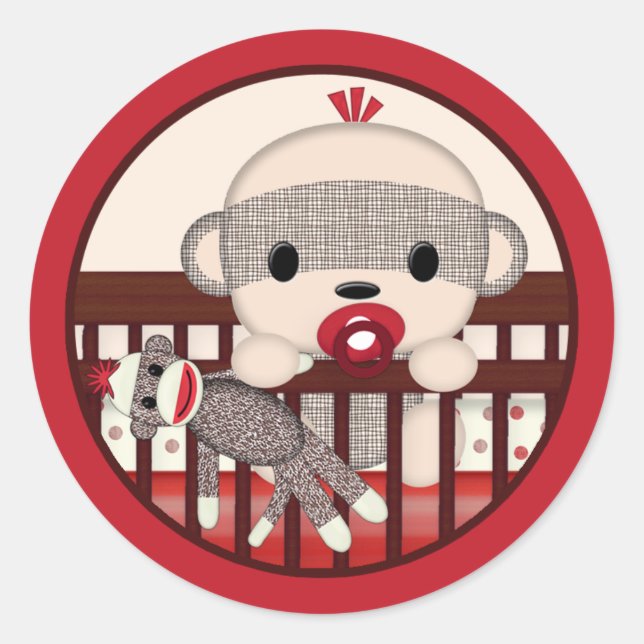 SOCK MONKEY Baby Shower Crib Siegel Round BOY Runder Aufkleber (Vorderseite)