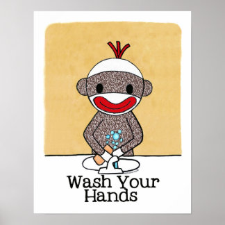 Sock Monkey Bathroom Erinnerung Waschen Sie sich d Poster