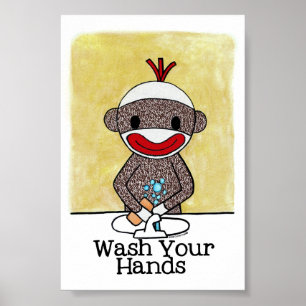 Sock Monkey Bathroom Erinnerung Wash your Hands 4x Poster