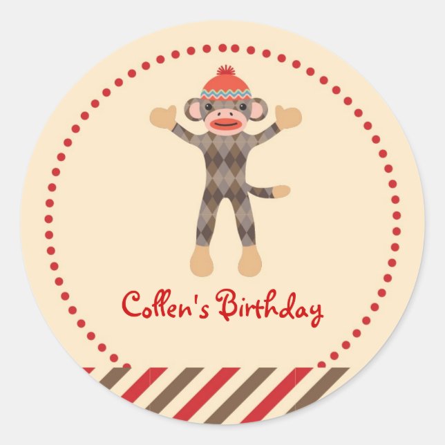 Sock Monkey Birthday Favor Sticker (Vorderseite)