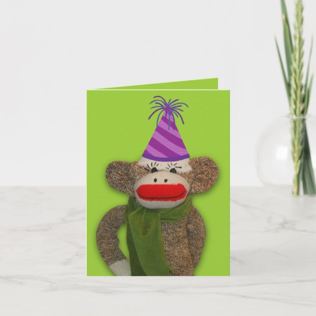 Sock Monkey Birthday Hat Karte (Vorderseite)