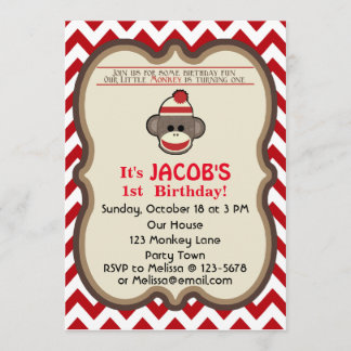 Sock Monkey Birthday Party Einladung - anpassen