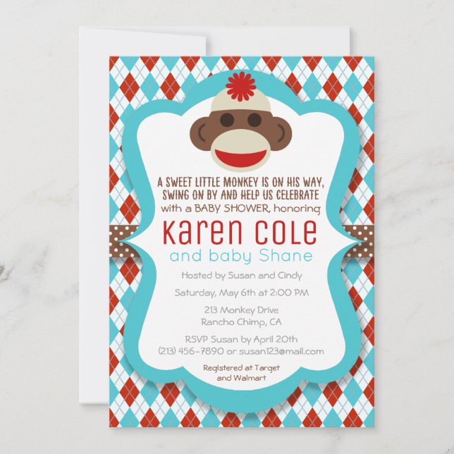 Sock Monkey Boy Baby Shower Einladung (Vorderseite)