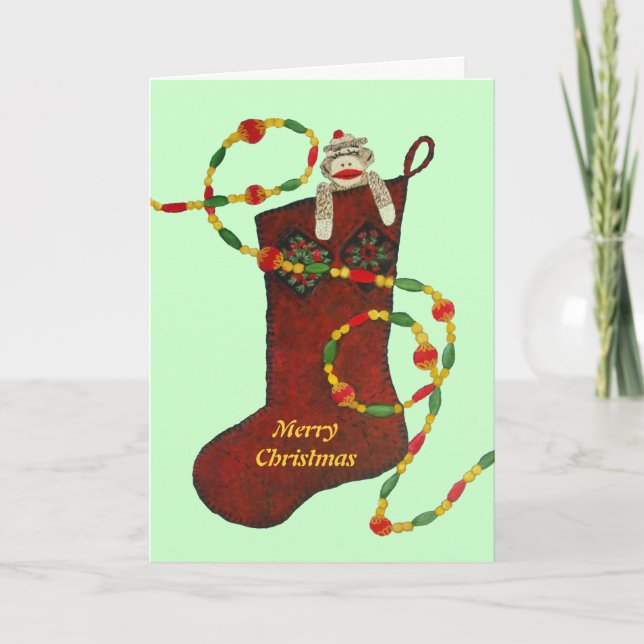 Sock Monkey Christmas Strumpf Card Feiertagskarte (Vorderseite)