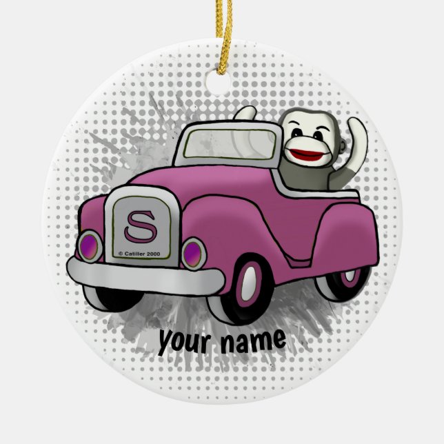 Sock Monkey Driving Car Verzierung Keramik Ornament (Vorne)