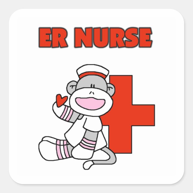 Sock Monkey ER Nurse T - Shirt und Geschenke Quadratischer Aufkleber (Vorderseite)