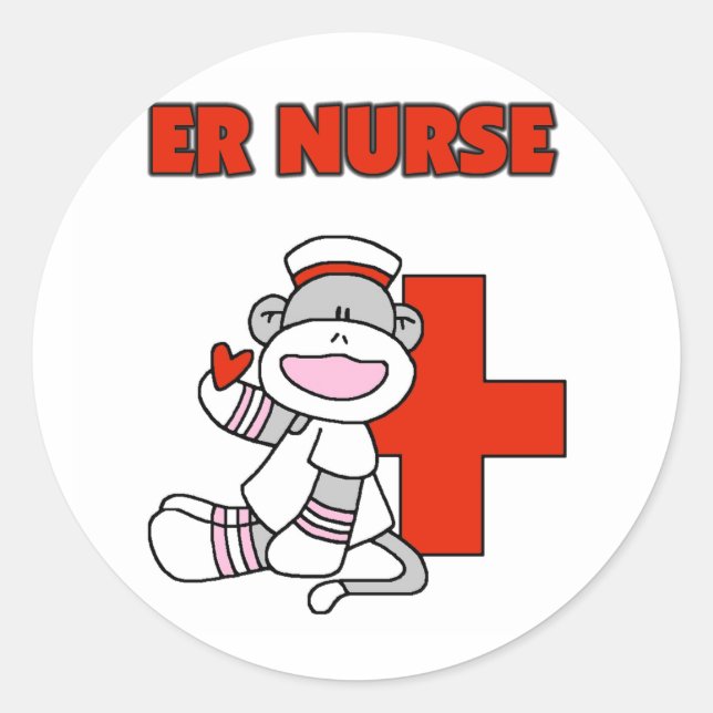 Sock Monkey ER Nurse T - Shirt und Geschenke Runder Aufkleber (Vorderseite)