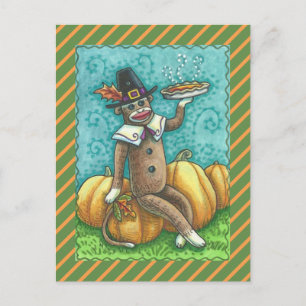 SOCK MONKEY ERNTEDANK UND PUMPKIN PIE POSTKARTE