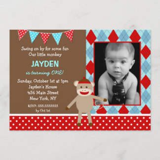Sock Monkey Foto Geburtstagsparty Einladungen