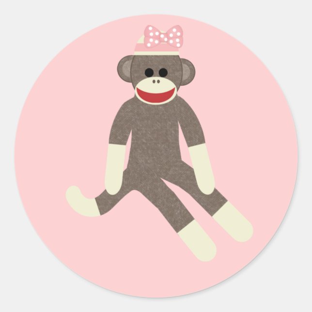 Sock Monkey Girl mit rosa Bugaufkleber Runder Aufkleber (Vorderseite)