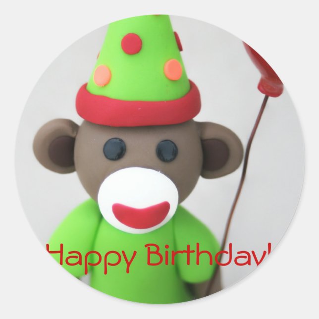 Sock Monkey Happy Birthday mit Red Balloon Runder Aufkleber (Vorderseite)