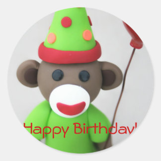 Sock Monkey Happy Birthday mit Red Balloon Runder Aufkleber