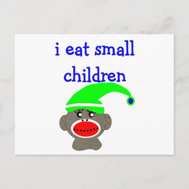 Sock Monkey "I EAT KLEINE KINDER" Postkarte (Vorderseite)