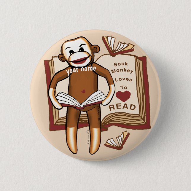 Sock Monkey liest Pin-Button Button (Vorderseite)