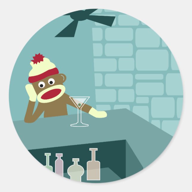Sock Monkey Martini Bar Runder Aufkleber (Vorderseite)