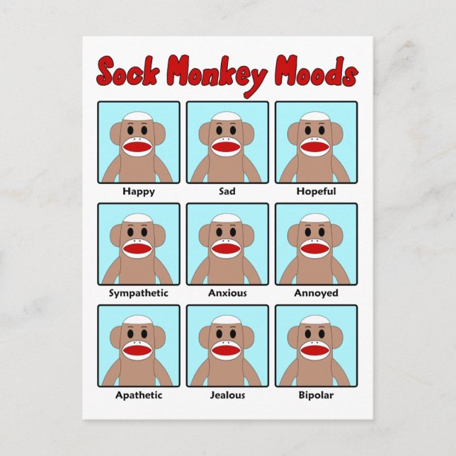 Sock Monkey Moods Postcard Postkarte (Vorderseite)