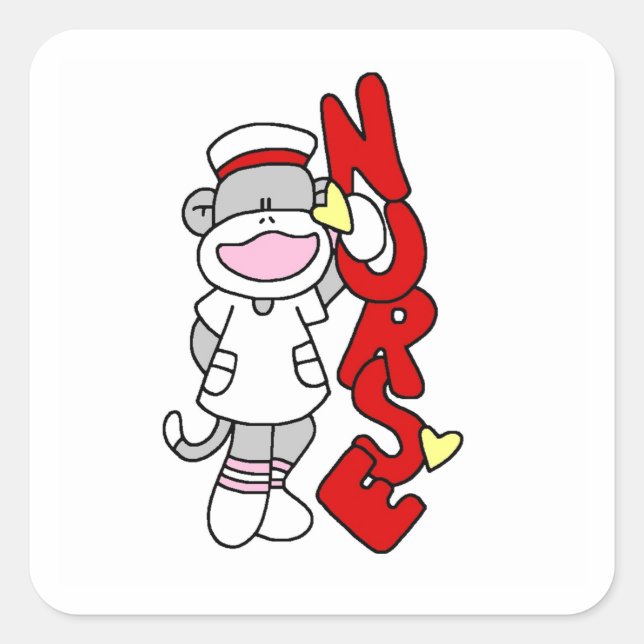 Sock Monkey Nurse T - Shirt und Geschenke Quadratischer Aufkleber (Vorderseite)