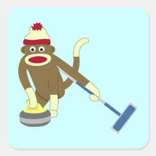 Sock Monkey Olympic Curling Quadratischer Aufkleber
