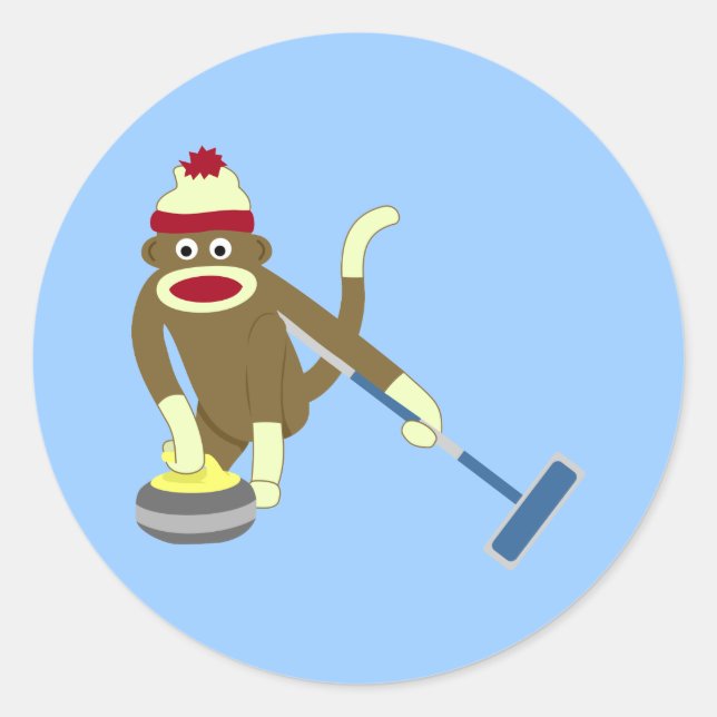 Sock Monkey Olympic Curling Runder Aufkleber (Vorderseite)