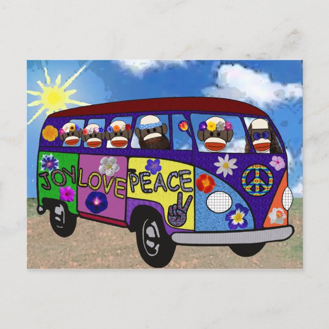 Sock Monkey Peace Bus Postkarte (Vorderseite)