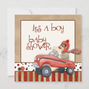 Sock Monkey Pedal Car, Boy Baby Shower Einladung