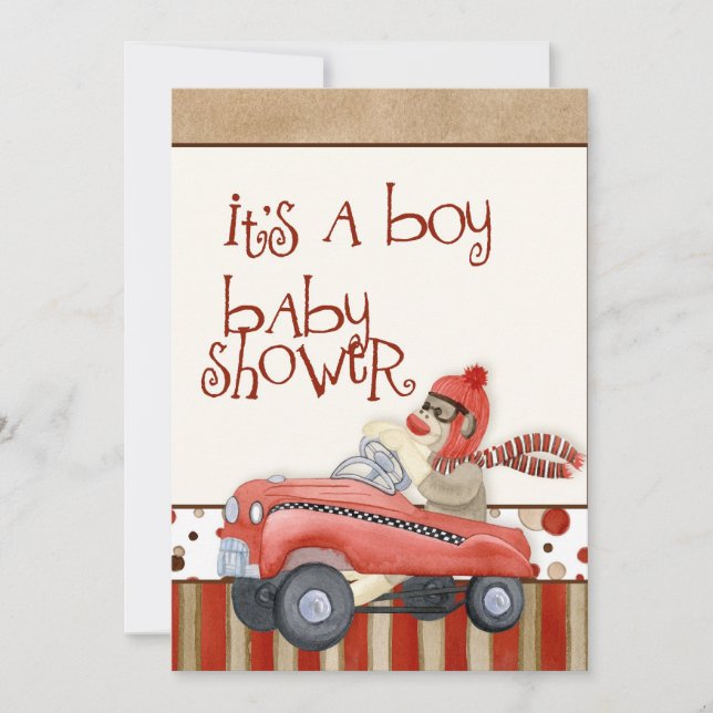 Sock Monkey Pedal Car, Boy Baby Shower Einladung (Vorderseite)