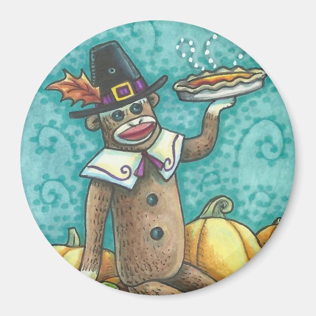 SOCK MONKEY PILGRIM ERNTEDANK DAY MAGNET Round (Vorne)