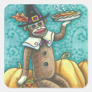 SOCK MONKEY PILGRIM ERNTEDANK STICKER SHEET Squ
