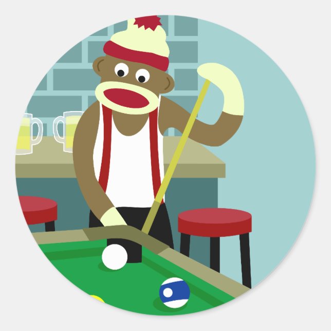 Sock Monkey Pool Billiard Player Runder Aufkleber (Vorderseite)