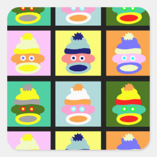 Sock Monkey Pop Art Quadratischer Aufkleber