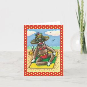 SOCK MONKEY RED BIKINI, AM STRAND CARTOON Funny Karte
