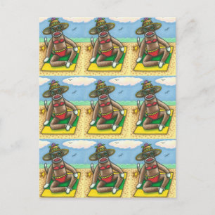 SOCK MONKEY RED BIKINI, AM STRAND CARTOON Funny Postkarte