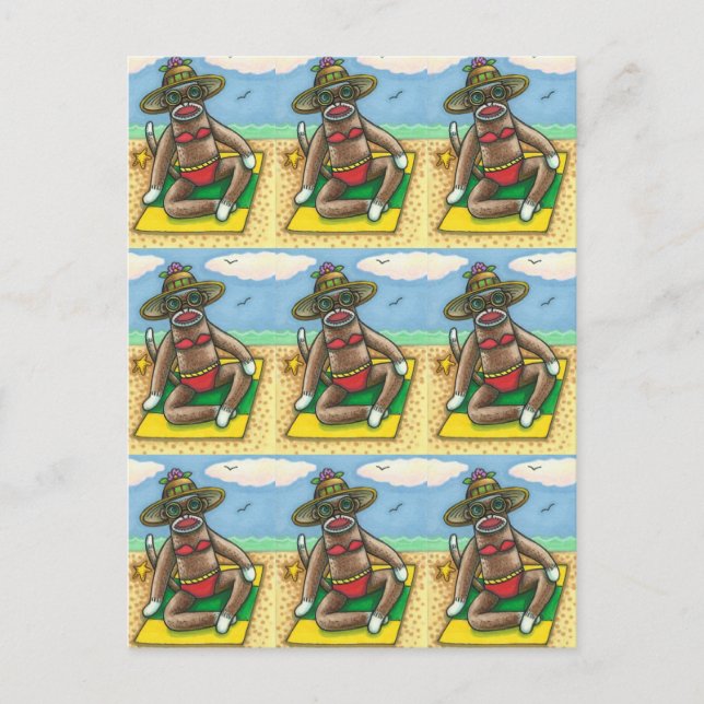 SOCK MONKEY RED BIKINI, AM STRAND CARTOON Funny Postkarte (Vorderseite)