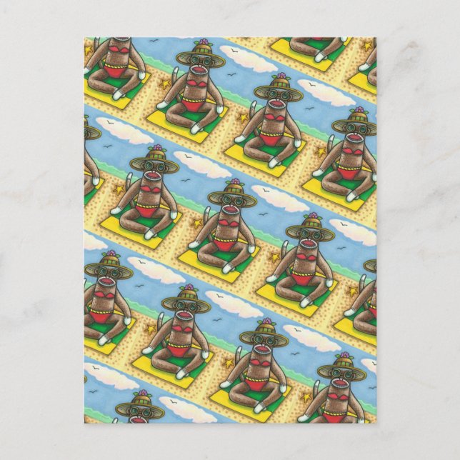 SOCK MONKEY RED BIKINI, AM STRAND CARTOON Funny Postkarte (Vorderseite)