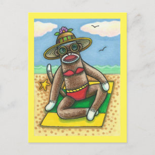 SOCK MONKEY RED BIKINI, AM STRAND CARTOON Funny Postkarte