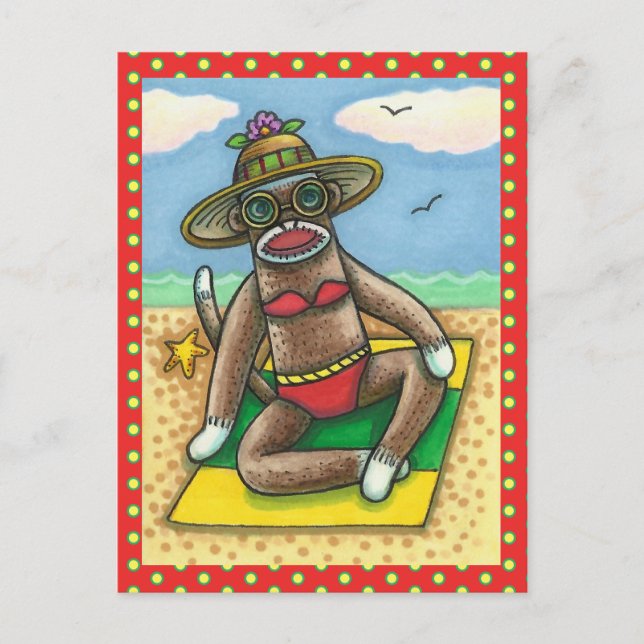 SOCK MONKEY RED BIKINI, AM STRAND CARTOON Funny Postkarte (Vorderseite)