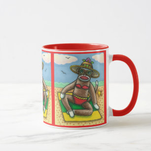 SOCK MONKEY RED BIKINI, AM STRAND CARTOON Funny Tasse