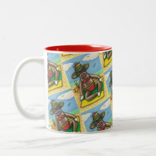 SOCK MONKEY RED BIKINI, AM STRAND CARTOON Funny Zweifarbige Tasse
