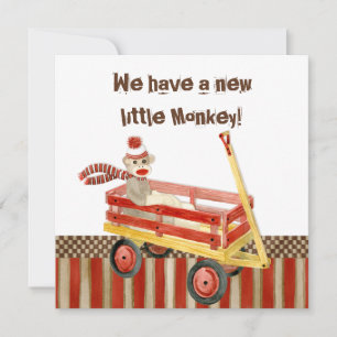 Sock Monkey, Red Wagon, Boy Birth Ankündigung
