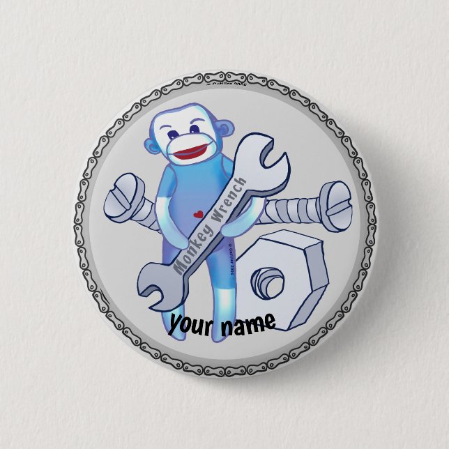 Sock Monkey Schraubenschlüssel Mechaniker Pin-Butt Button (Vorderseite)