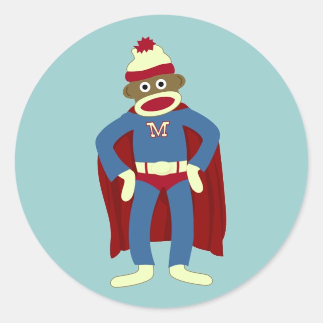 Sock Monkey Superhero Runder Aufkleber (Vorderseite)