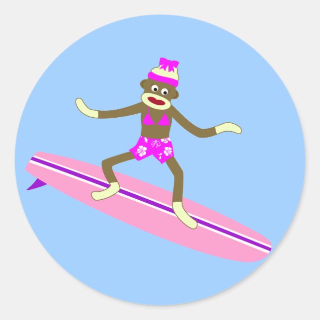 Sock Monkey Surfer Girl Runder Aufkleber (Vorderseite)
