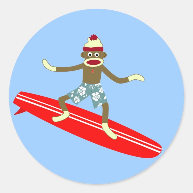 Sock Monkey Surfer Runder Aufkleber (Vorderseite)