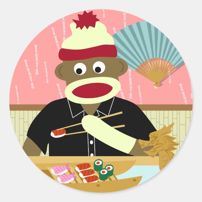 Sock Monkey Sushi Runder Aufkleber (Vorderseite)