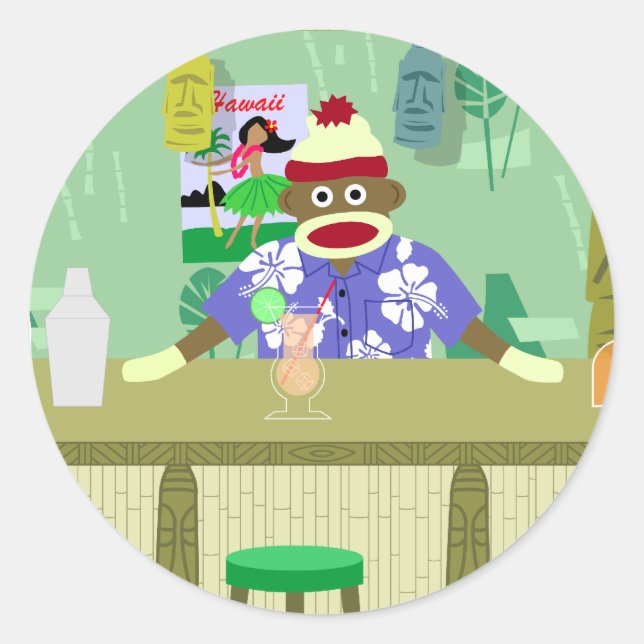 Sock Monkey Tiki Bar Runder Aufkleber (Vorderseite)