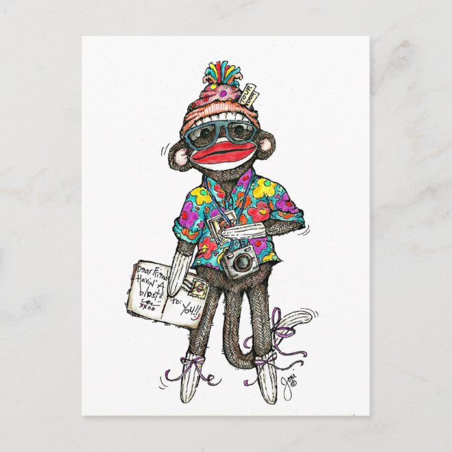 Sock Monkey Tourist Postkarte (Vorderseite)