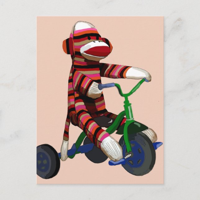 Sock Monkey Tricycle Postkarte (Vorderseite)